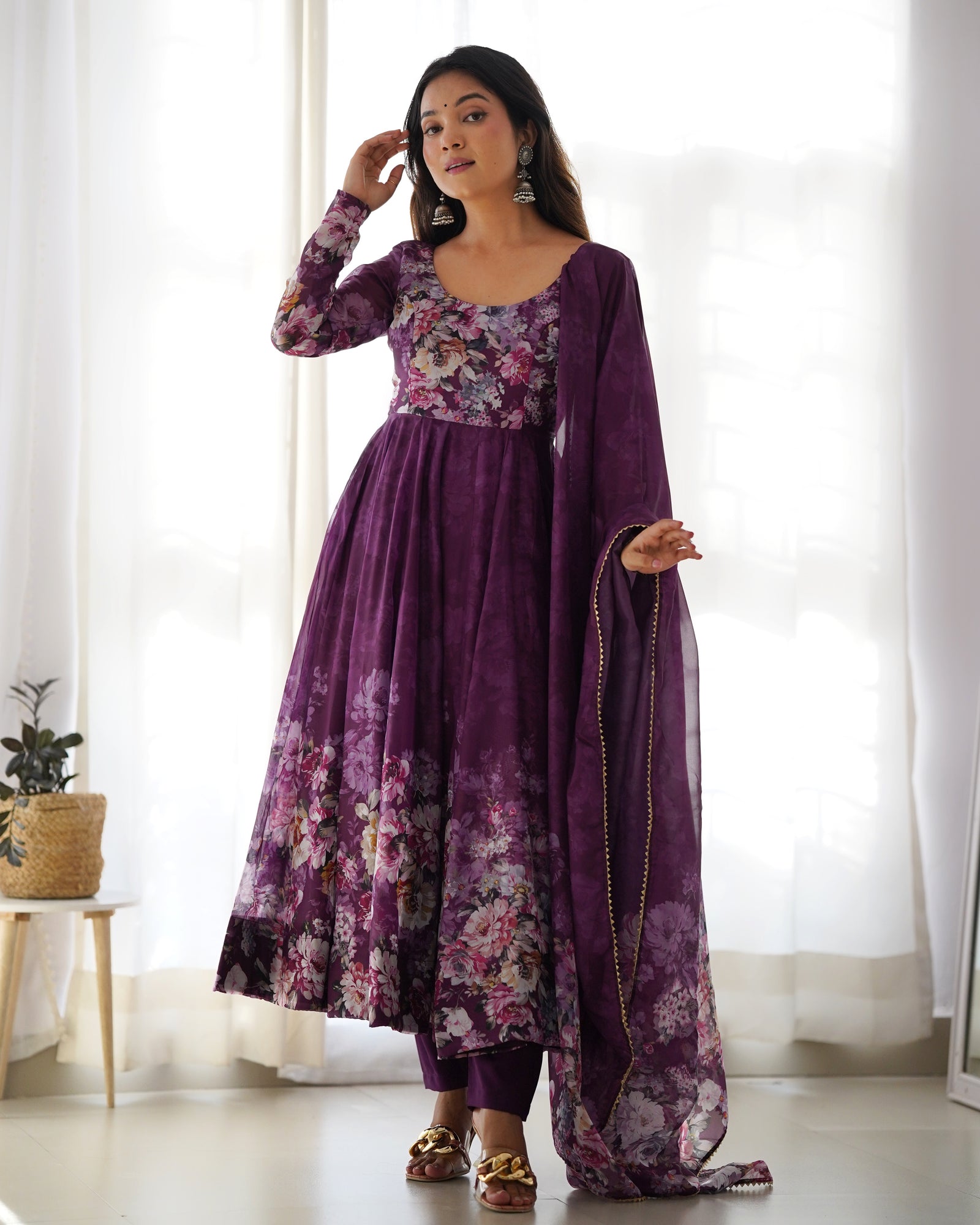 Elegant Wine Anarkali Silk Gown with Canvas Patta and Dupatta Set - Perfect for Festivities and Weddings ClothsVilla