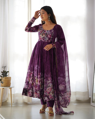 Elegant Wine Anarkali Silk Gown with Canvas Patta and Dupatta Set - Perfect for Festivities and Weddings ClothsVilla