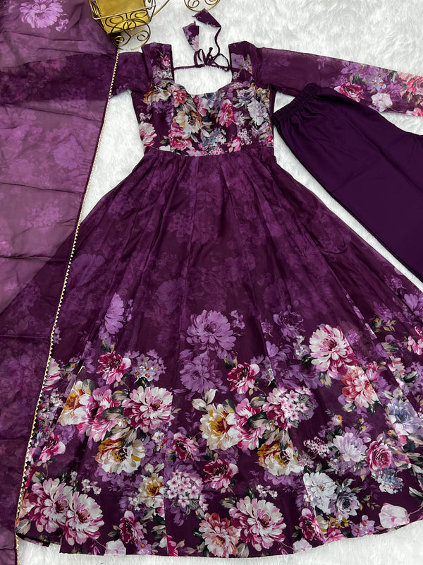 Elegant Wine Anarkali Silk Gown with Canvas Patta and Dupatta Set - Perfect for Festivities and Weddings ClothsVilla