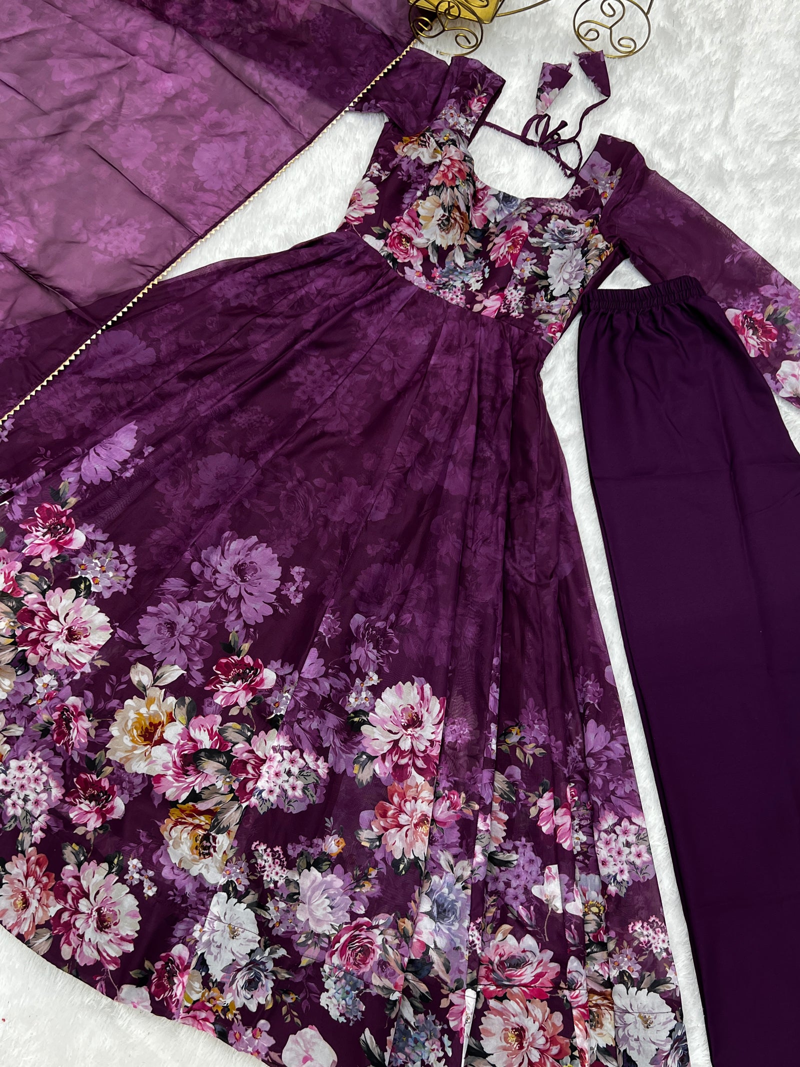 Elegant Wine Anarkali Silk Gown with Canvas Patta and Dupatta Set - Perfect for Festivities and Weddings ClothsVilla