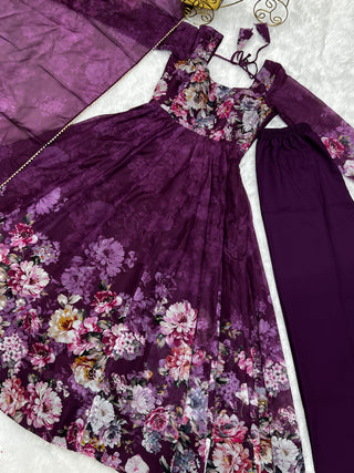 Elegant Wine Anarkali Silk Gown with Canvas Patta and Dupatta Set - Perfect for Festivities and Weddings ClothsVilla
