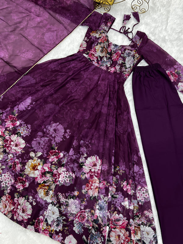 Elegant Wine Anarkali Silk Gown with Canvas Patta and Dupatta Set - Perfect for Festivities and Weddings ClothsVilla