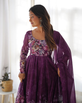 Elegant Wine Anarkali Silk Gown with Canvas Patta and Dupatta Set - Perfect for Festivities and Weddings ClothsVilla