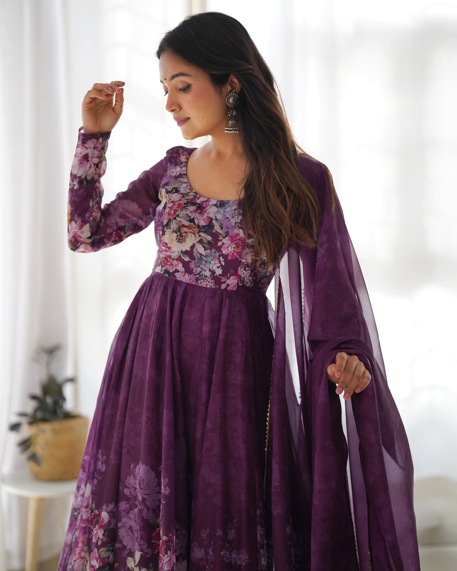 Elegant Wine Anarkali Silk Gown with Canvas Patta and Dupatta Set - Perfect for Festivities and Weddings ClothsVilla