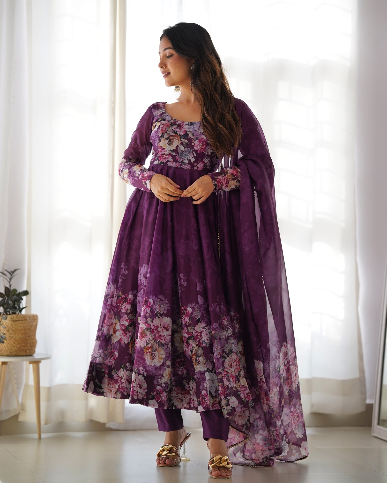 Elegant Wine Anarkali Silk Gown with Canvas Patta and Dupatta Set - Perfect for Festivities and Weddings ClothsVilla