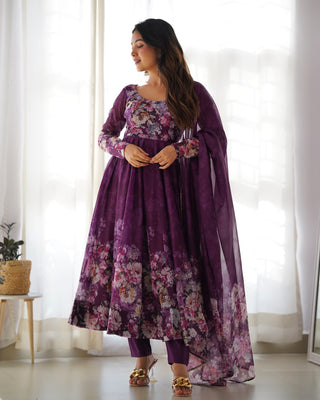 Elegant Wine Anarkali Silk Gown with Canvas Patta and Dupatta Set - Perfect for Festivities and Weddings ClothsVilla