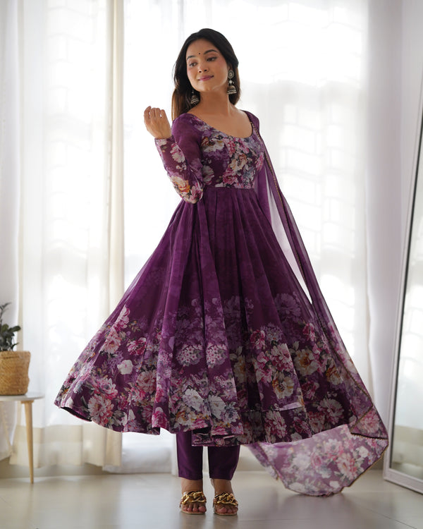 Elegant Wine Anarkali Silk Gown with Canvas Patta and Dupatta Set - Perfect for Festivities and Weddings ClothsVilla