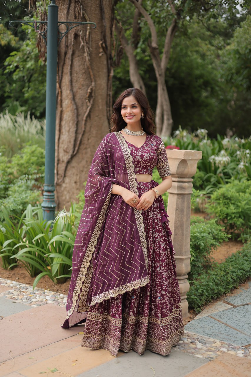 Elegant Wine Jacquard Lehenga Choli with Sequins Embroidery Clothsvilla Main image