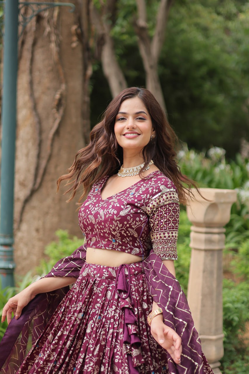 Elegant Wine Jacquard Lehenga Choli with Sequins Embroidery Clothsvilla