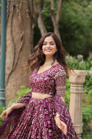 Elegant Wine Jacquard Lehenga Choli with Sequins Embroidery Clothsvilla