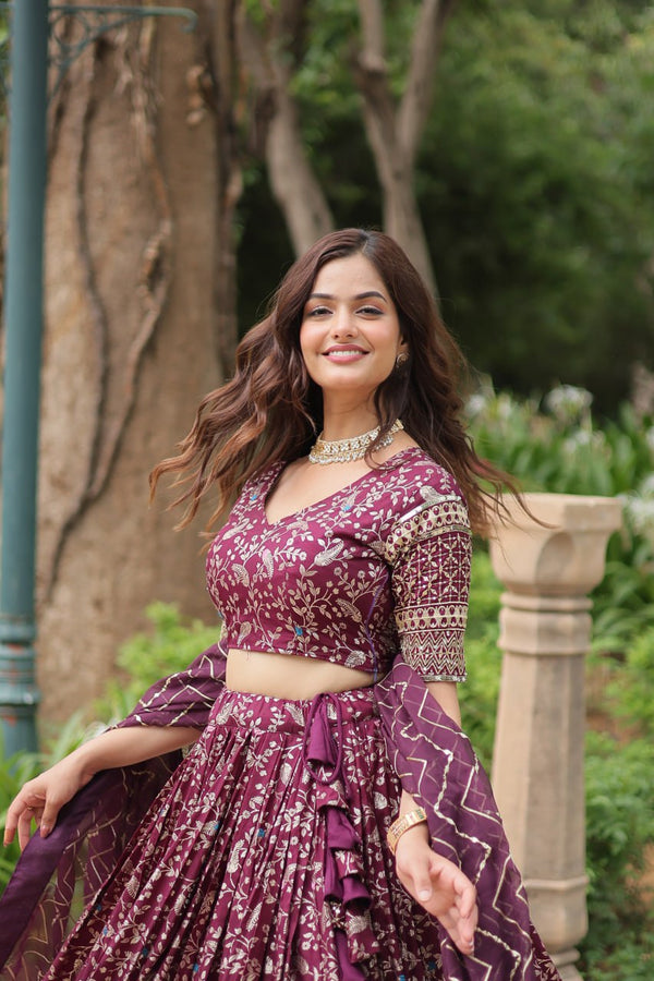 Elegant Wine Jacquard Lehenga Choli with Sequins Embroidery Clothsvilla