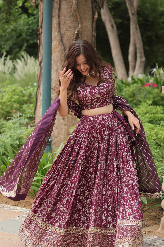 Elegant Wine Jacquard Lehenga Choli with Sequins Embroidery Clothsvilla