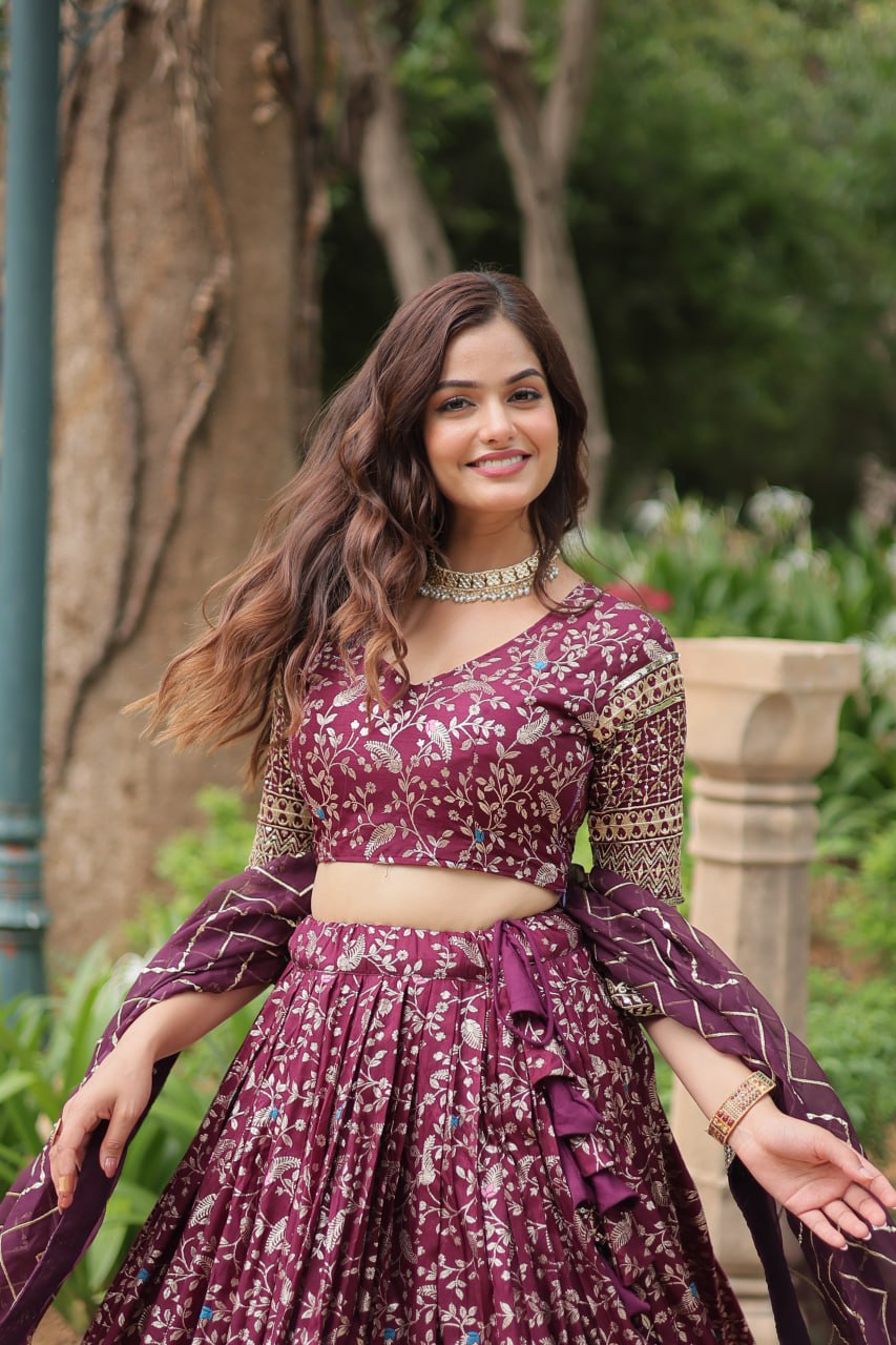 Elegant Wine Jacquard Lehenga Choli with Sequins Embroidery Clothsvilla
