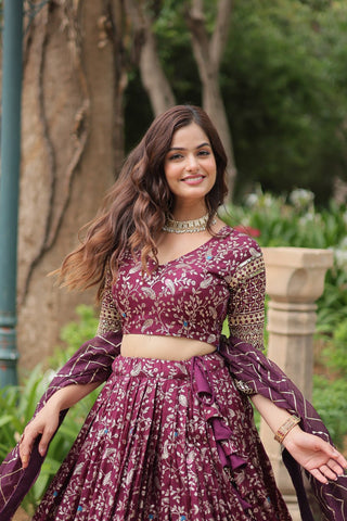 Elegant Wine Jacquard Lehenga Choli with Sequins Embroidery Clothsvilla
