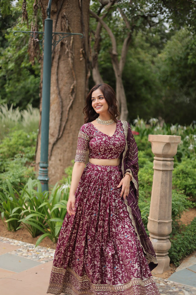 Elegant Wine Jacquard Lehenga Choli with Sequins Embroidery Clothsvilla