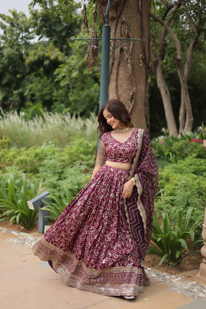 Elegant Wine Jacquard Lehenga Choli with Sequins Embroidery Clothsvilla