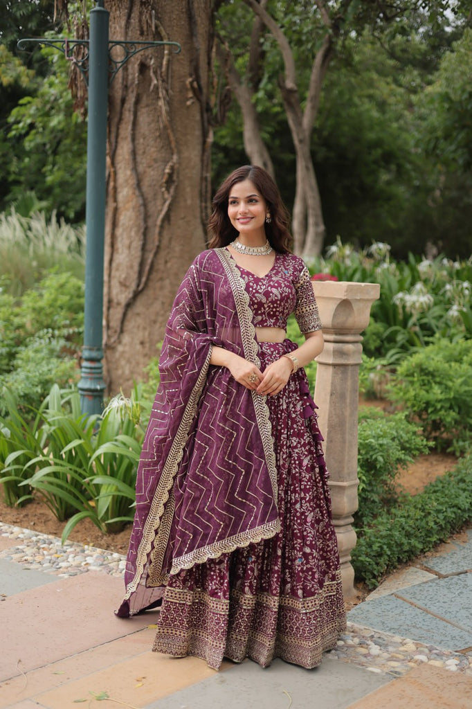 Elegant Wine Jacquard Lehenga Choli with Sequins Embroidery Clothsvilla