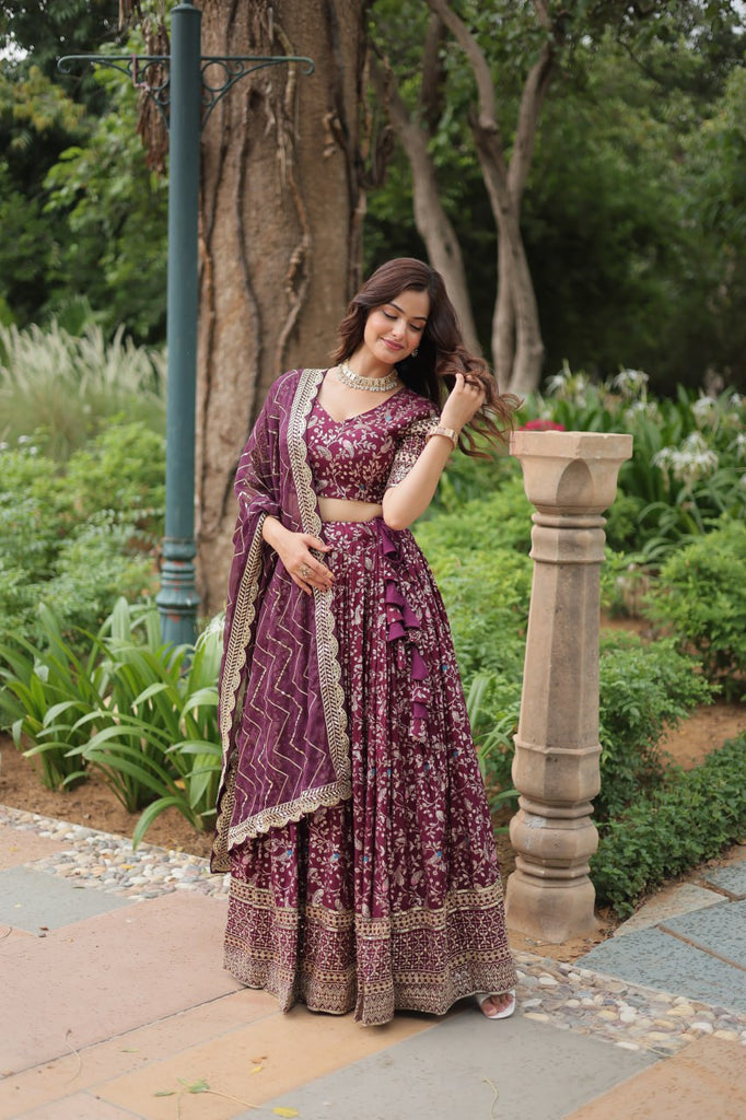 Elegant Wine Jacquard Lehenga Choli with Sequins Embroidery Clothsvilla