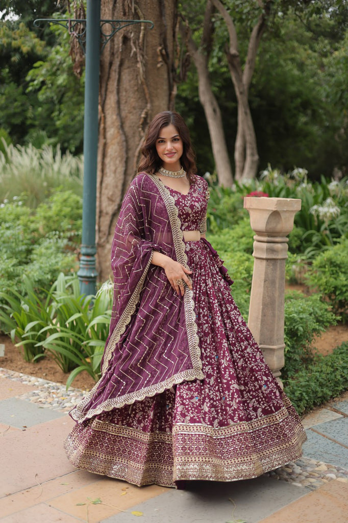 Elegant Wine Jacquard Lehenga Choli with Sequins Embroidery Clothsvilla