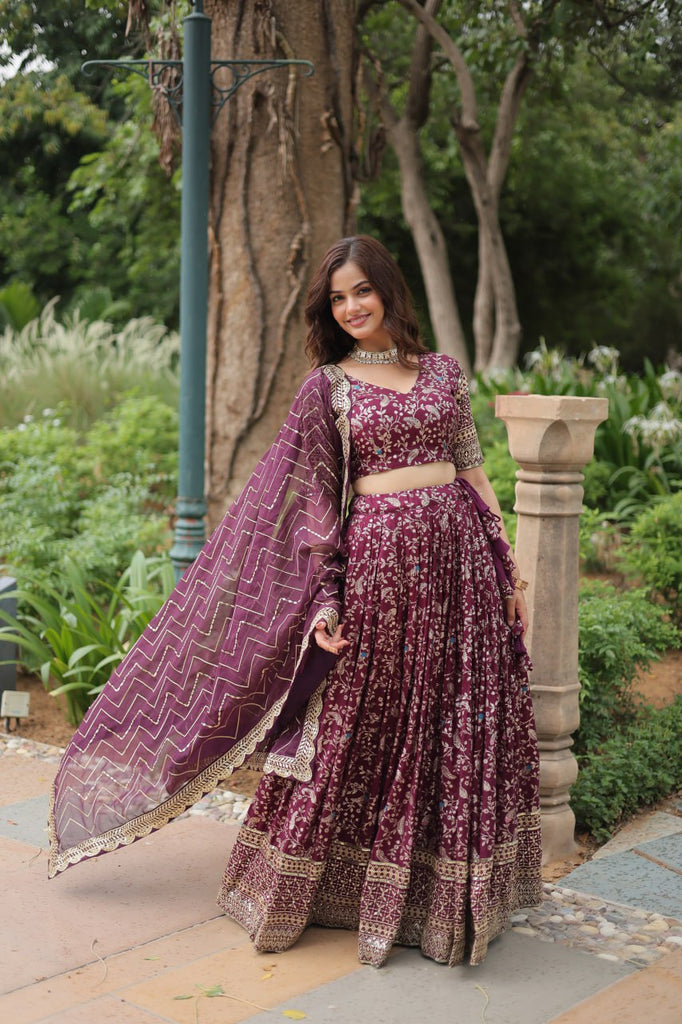 Elegant Wine Jacquard Lehenga Choli with Sequins Embroidery Clothsvilla