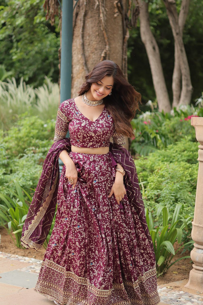 Elegant Wine Jacquard Lehenga Choli with Sequins Embroidery Clothsvilla