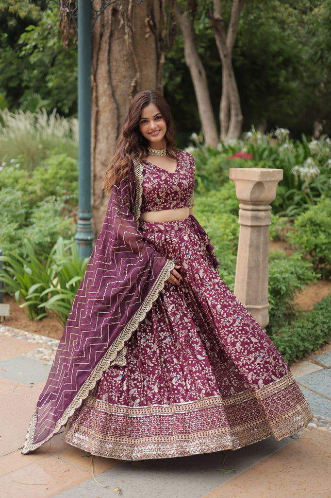 Elegant Wine Jacquard Lehenga Choli with Sequins Embroidery Clothsvilla