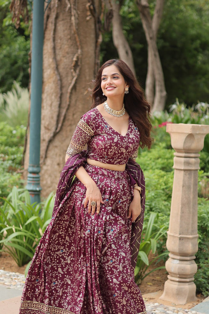 Elegant Wine Jacquard Lehenga Choli with Sequins Embroidery Clothsvilla