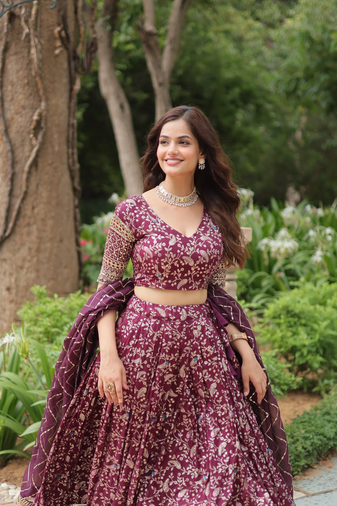 Elegant Wine Jacquard Lehenga Choli with Sequins Embroidery Clothsvilla