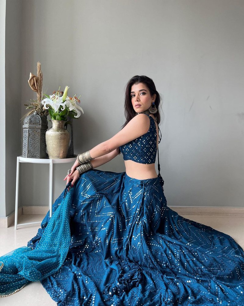 Embroidered Faux Georgette Blue Lehenga Set with Dupatta Secondary image