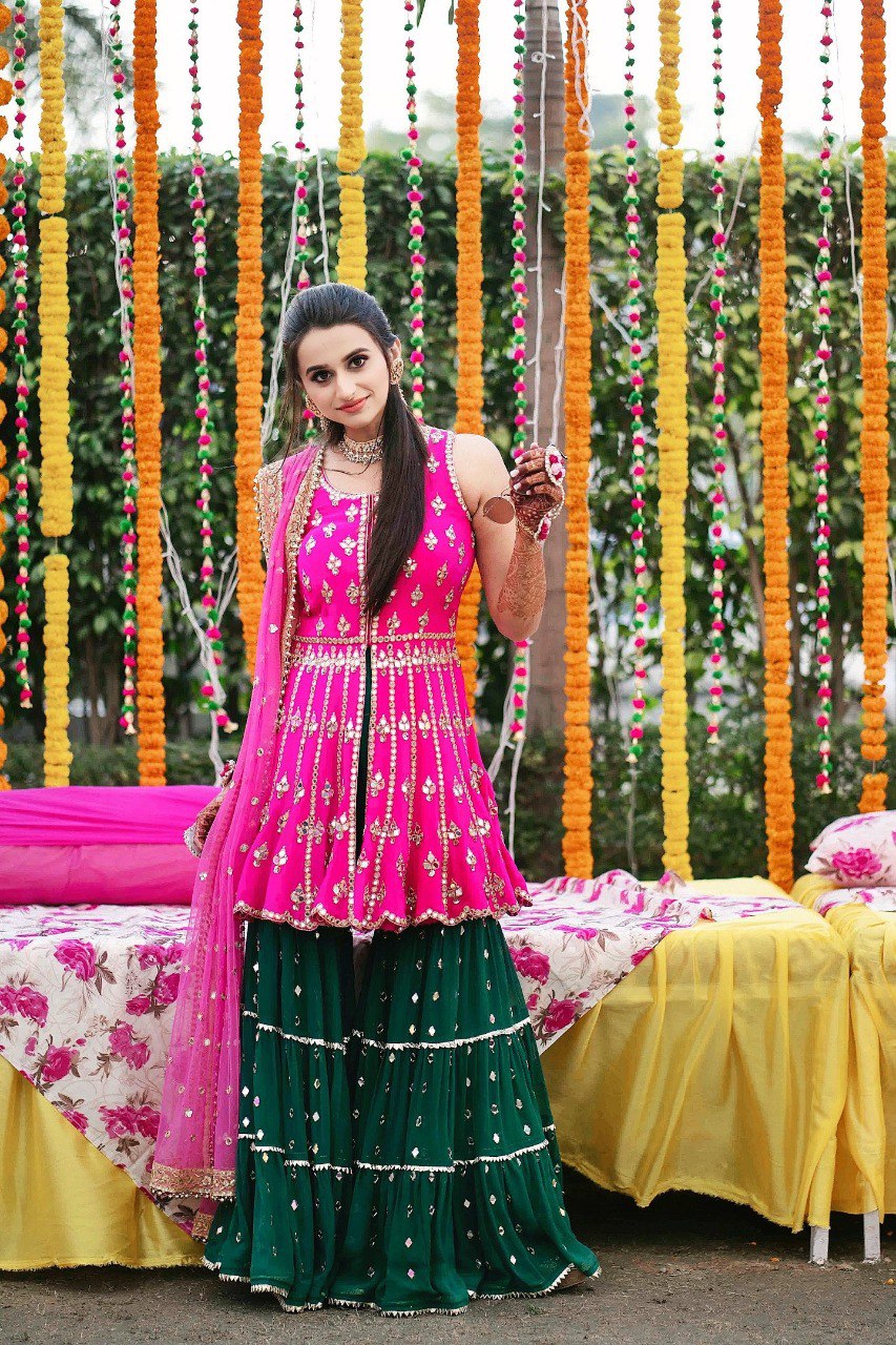 Embroidered Faux Georgette Top & Sharara Set with Net Dupatta ClothsVilla Main image