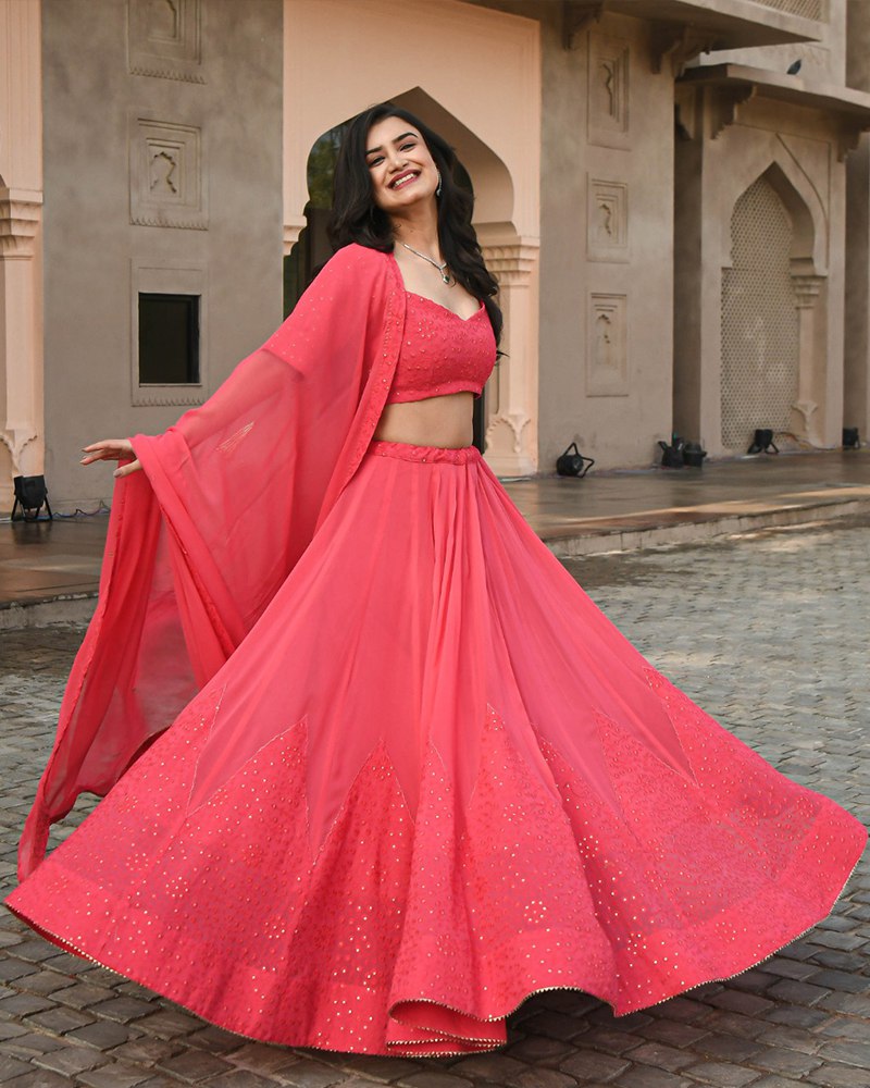 Embroidered Georgette Pink Lehenga Set with Dupatta Secondary image