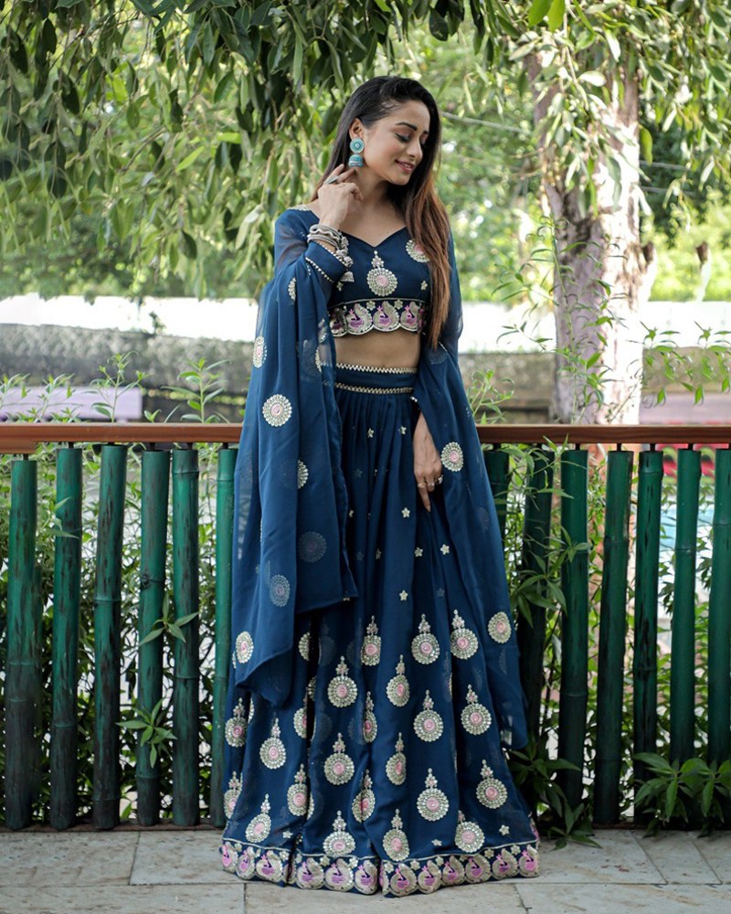 Embroidered Georgette Blue Lehenga Choli Dupatta Set Secondary image