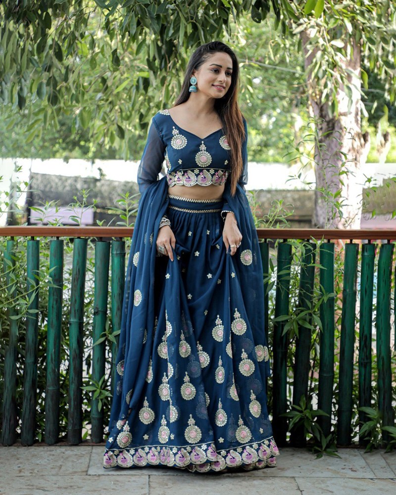 Embroidered Georgette Lehenga Choli Dupatta Set ClothsVilla Main image