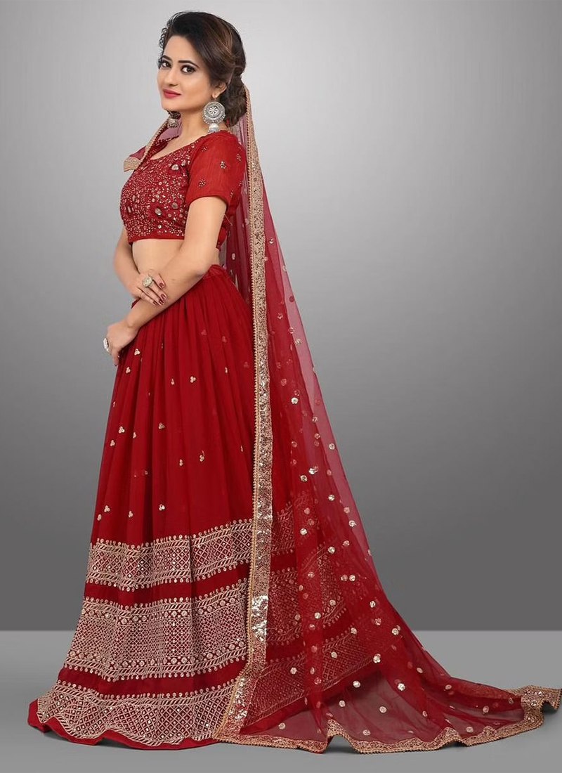 Embroidered Georgette Maroon Lehenga Set with Net Dupatta and Banglori Silk Blouse Secondary image