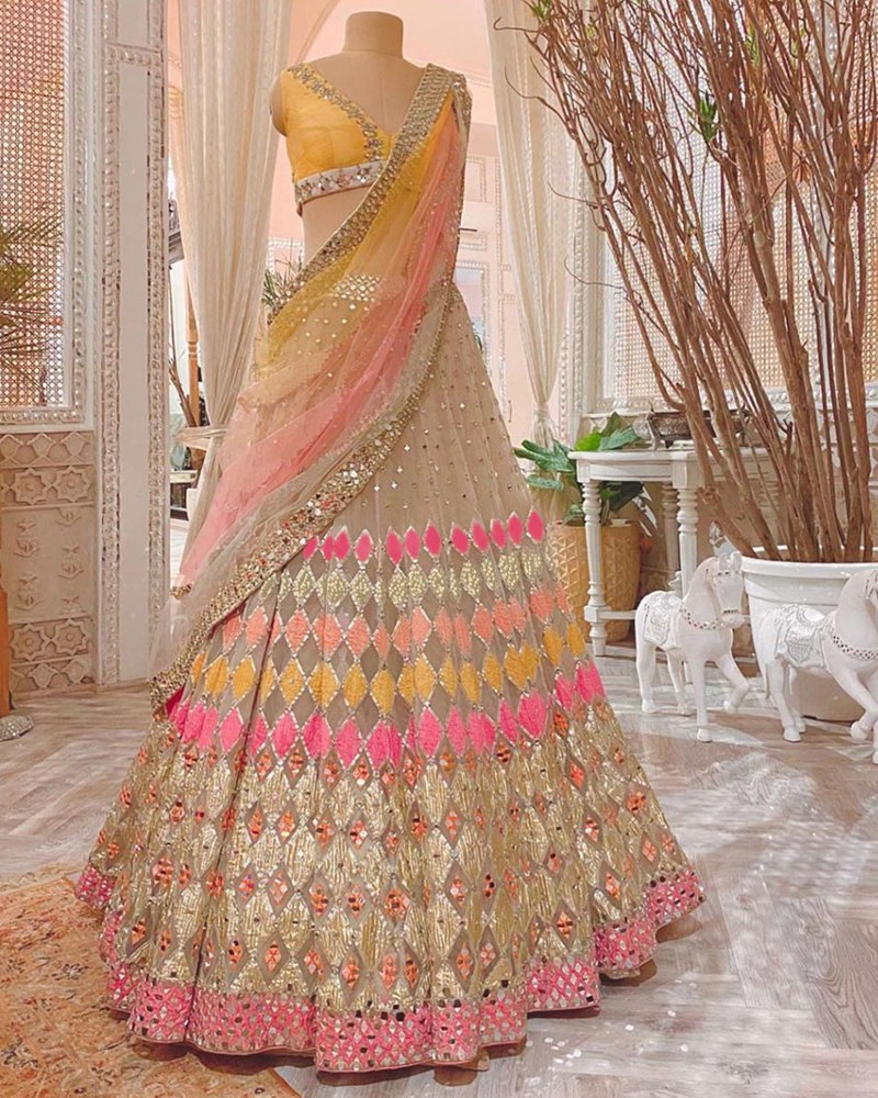 Embroidered Lehenga Set with Sequins and Mirrors - Butterfly Net, Nylon Net, Jalpari Silk ClothsVilla