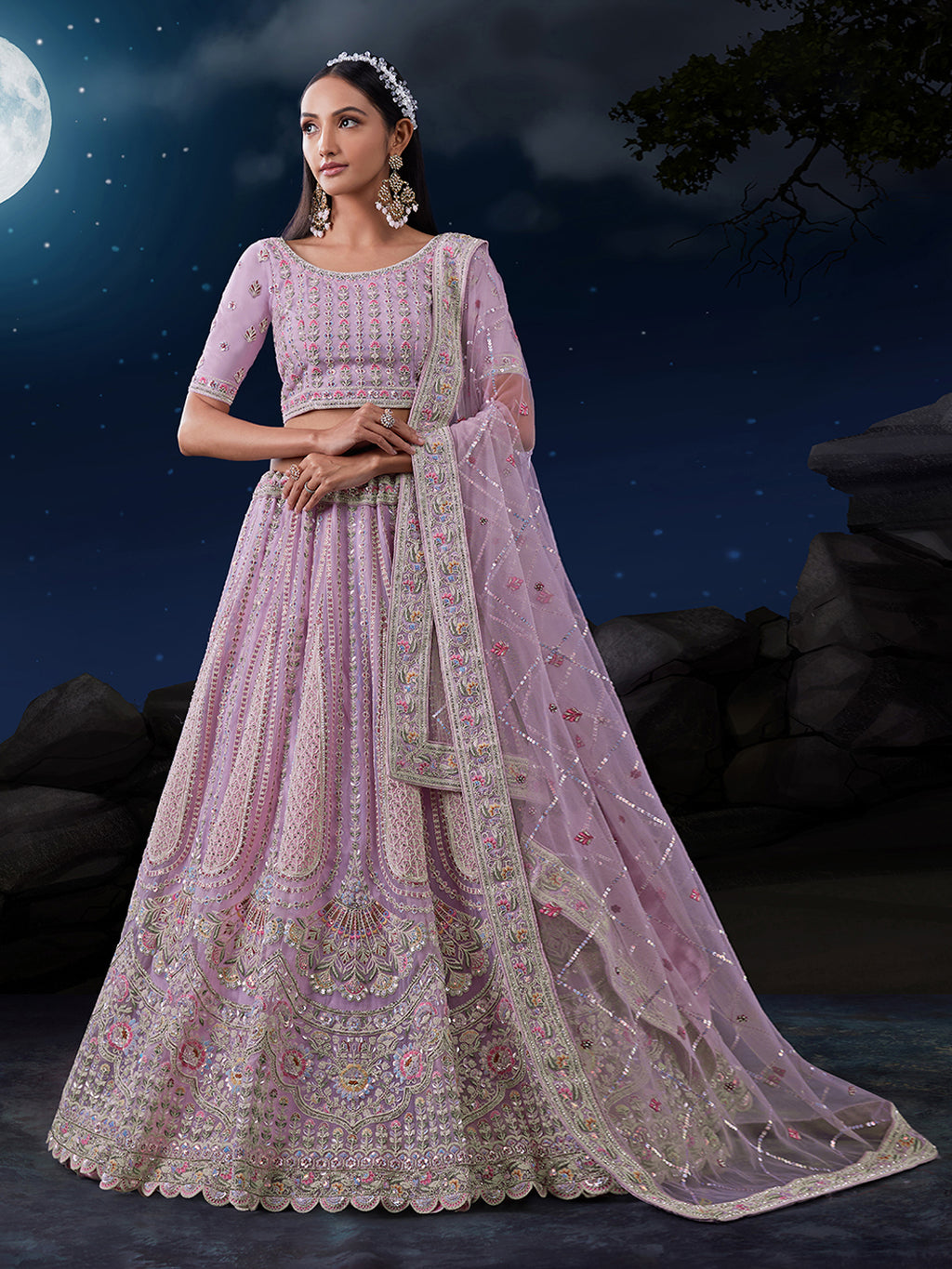 Embroidered Pink Lehenga Choli Set - Soft Net, Thread & Sequin Work ClothsVilla