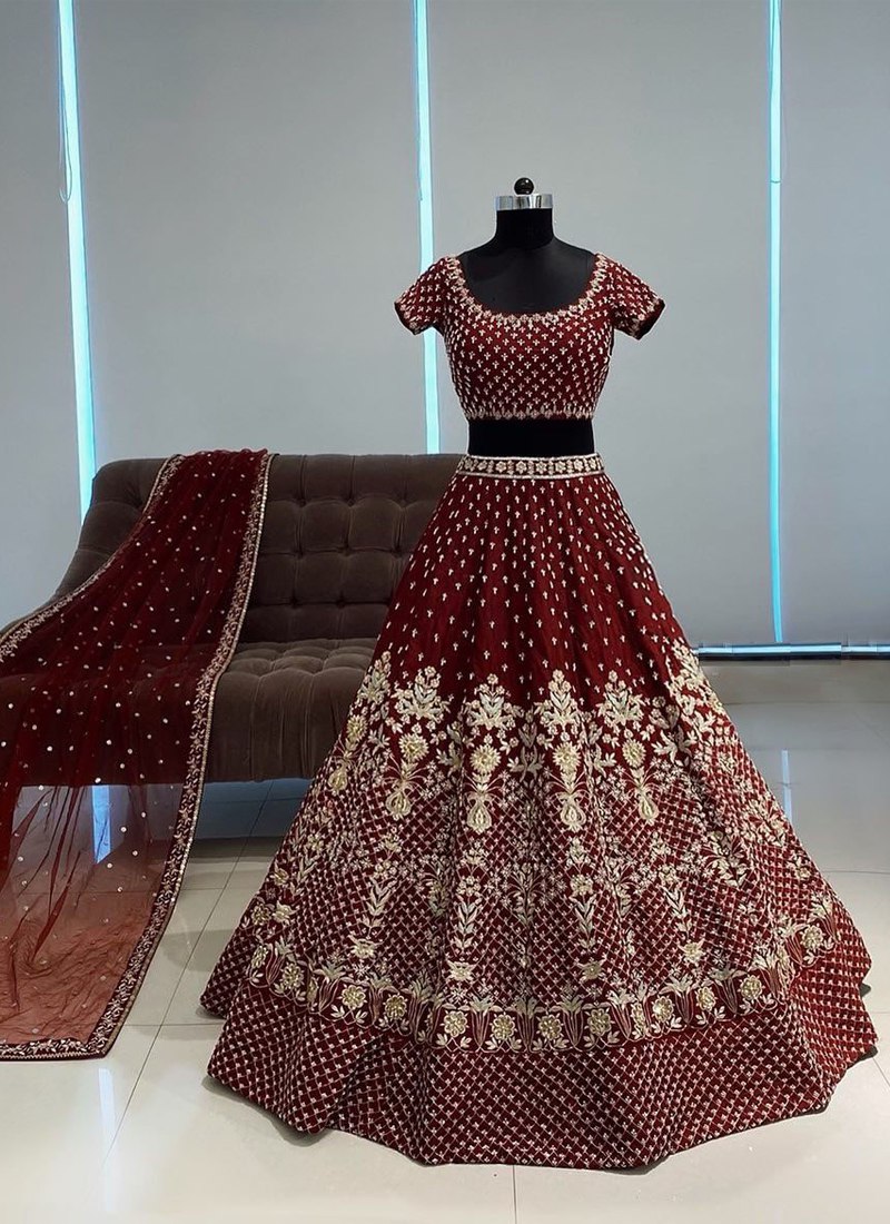 Embroidered Jalpari Silk Maroon Lehenga Choli Fabric Set with Gota Patti Work Secondary image