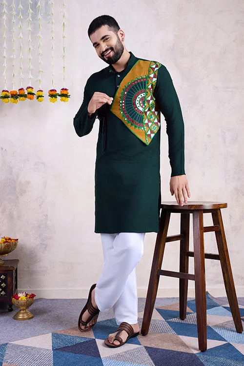 Embroidered with Real Mirror Work Green Color Men's Kurta Clothsvilla