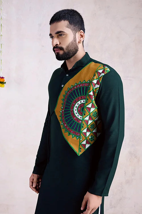Embroidered with Real Mirror Work Green Color Men's Kurta Clothsvilla