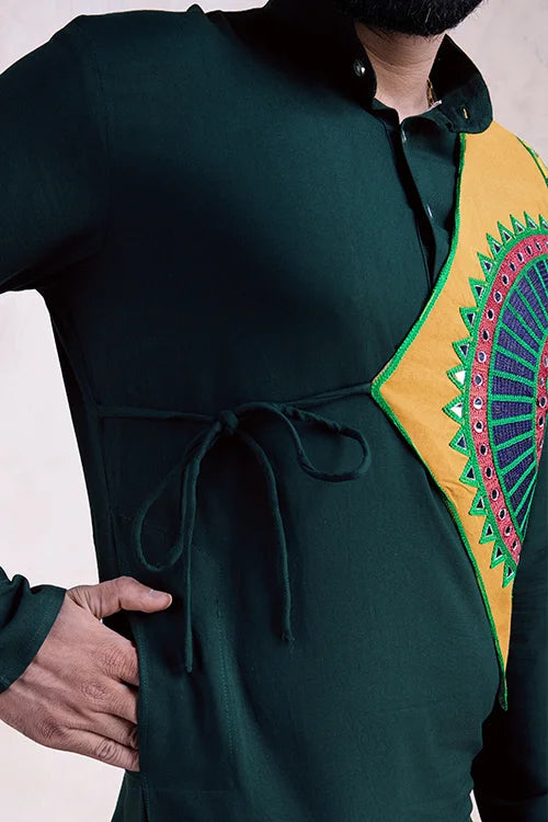 Embroidered with Real Mirror Work Green Color Men's Kurta Clothsvilla