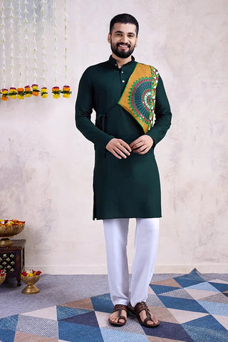 Embroidered with Real Mirror Work Green Color Men's Kurta Clothsvilla