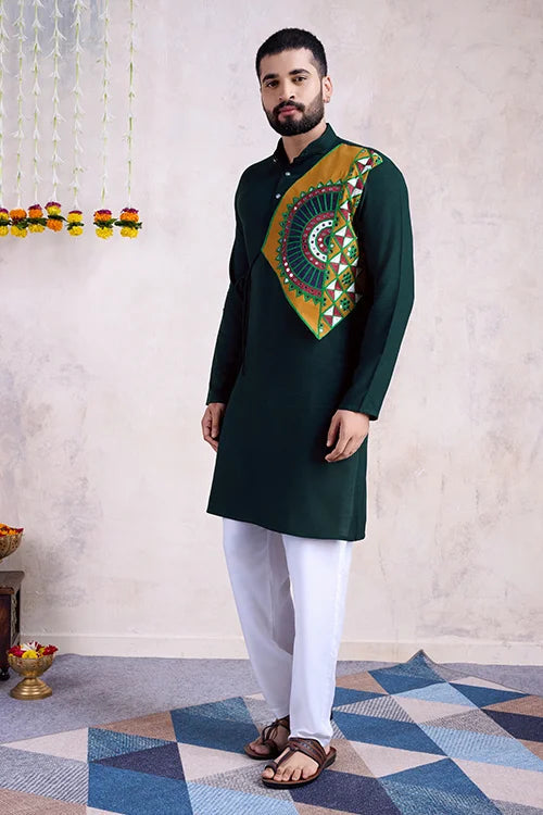 Embroidered with Real Mirror Work Green Color Men's Kurta Clothsvilla