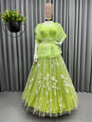 Enchanted Light Green Soft Net Embroidered Designer Lehenga ClothsVilla
