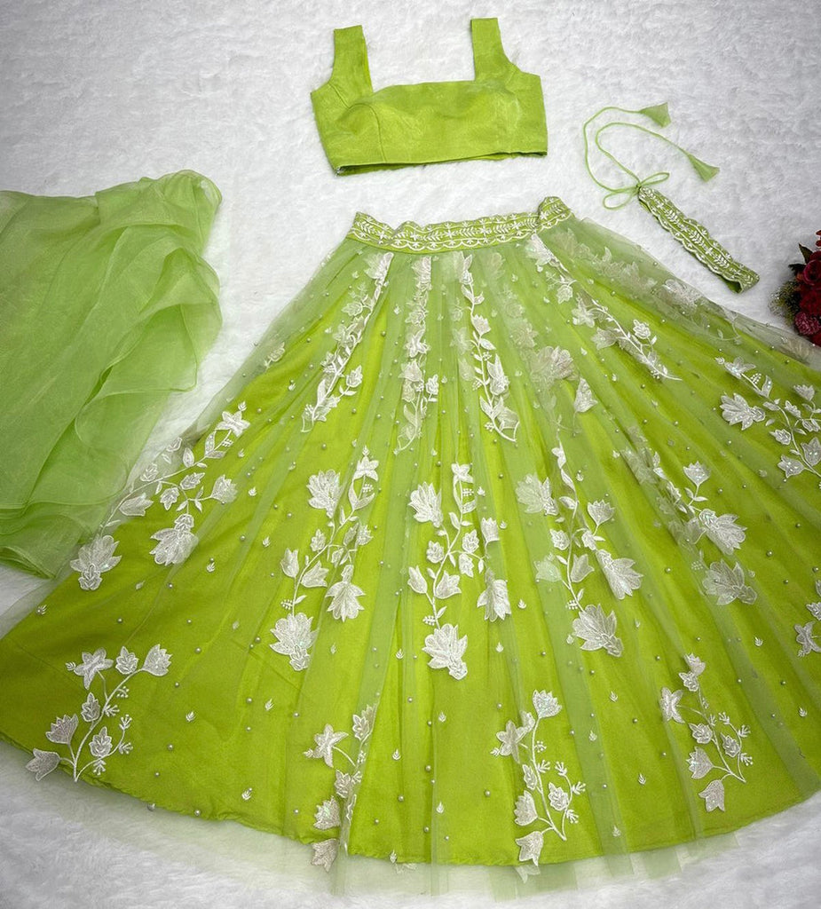 Enchanted Light Green Soft Net Embroidered Designer Lehenga ClothsVilla