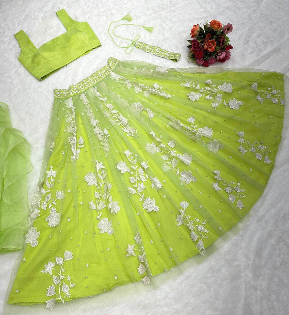Enchanted Light Green Soft Net Embroidered Designer Lehenga ClothsVilla