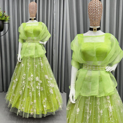 Enchanted Light Green Soft Net Embroidered Designer Lehenga ClothsVilla