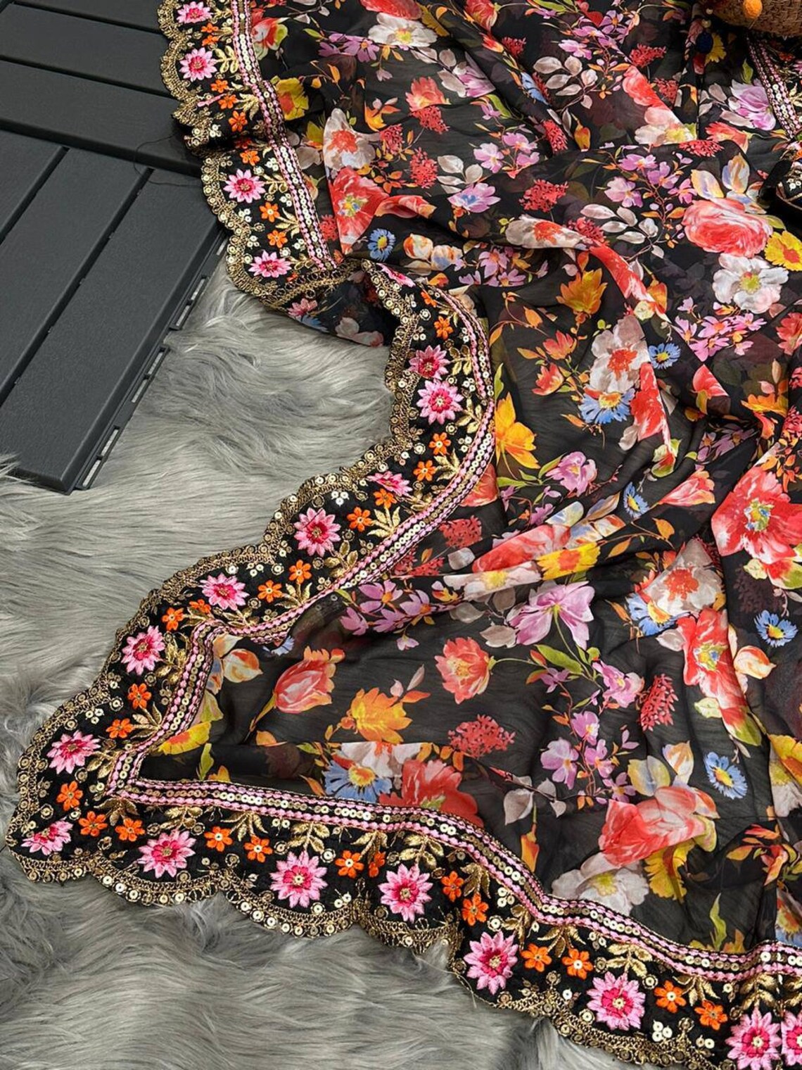 Enchanting Black Georgette Designer Saree with Floral Digital Print, Thread & Sequence Work - Perfect for Weddings & Special Occasions ClothsVilla