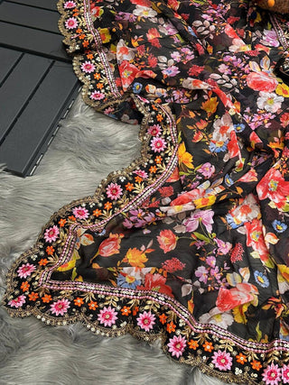 Enchanting Black Georgette Designer Saree with Floral Digital Print, Thread & Sequence Work - Perfect for Weddings & Special Occasions ClothsVilla