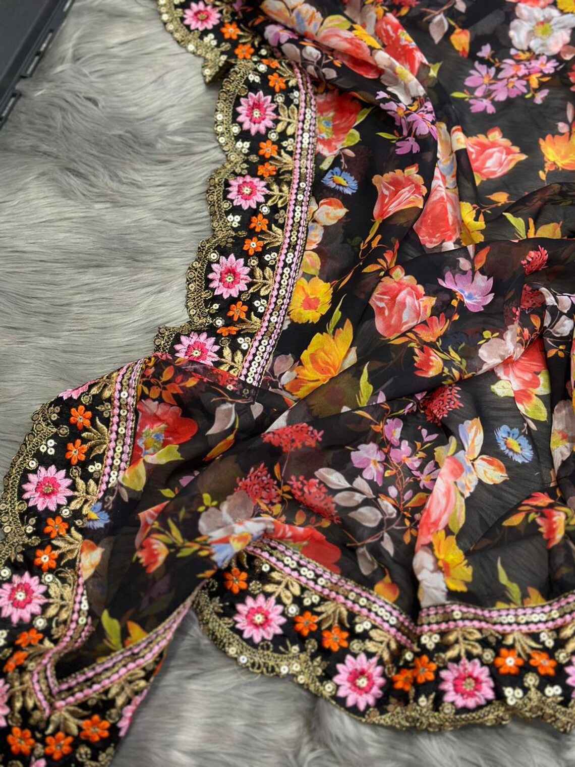 Enchanting Black Georgette Designer Saree with Floral Digital Print, Thread & Sequence Work - Perfect for Weddings & Special Occasions ClothsVilla