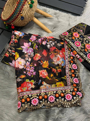 Enchanting Black Georgette Designer Saree with Floral Digital Print, Thread & Sequence Work - Perfect for Weddings & Special Occasions ClothsVilla